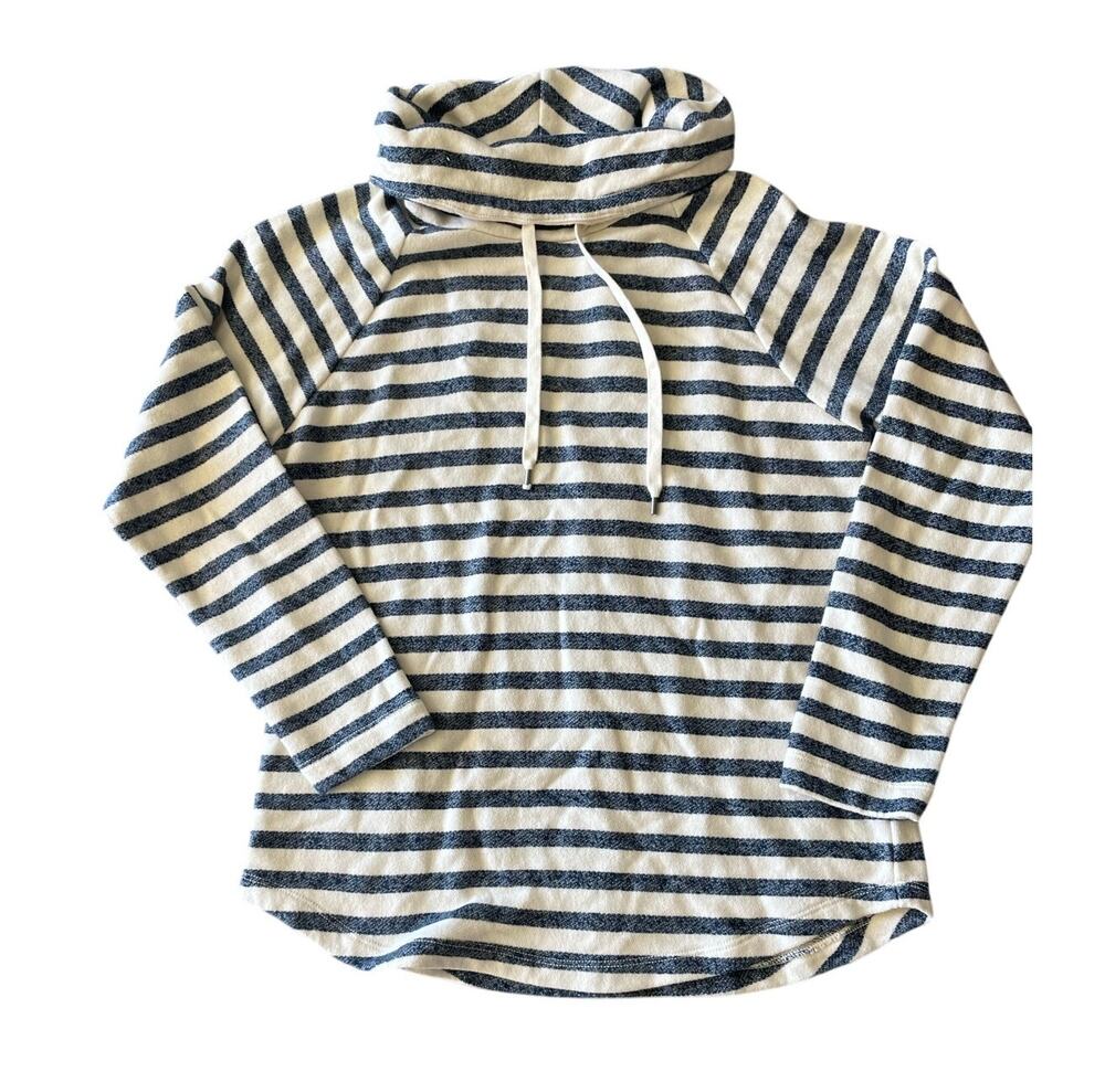 American Living White/Blue Strip Sweatshirt Cowlneck Drawstring Coastal Women